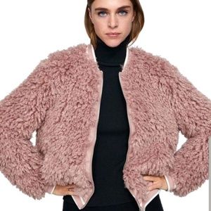 Zara Pink Faux Fur Bomber Jacket